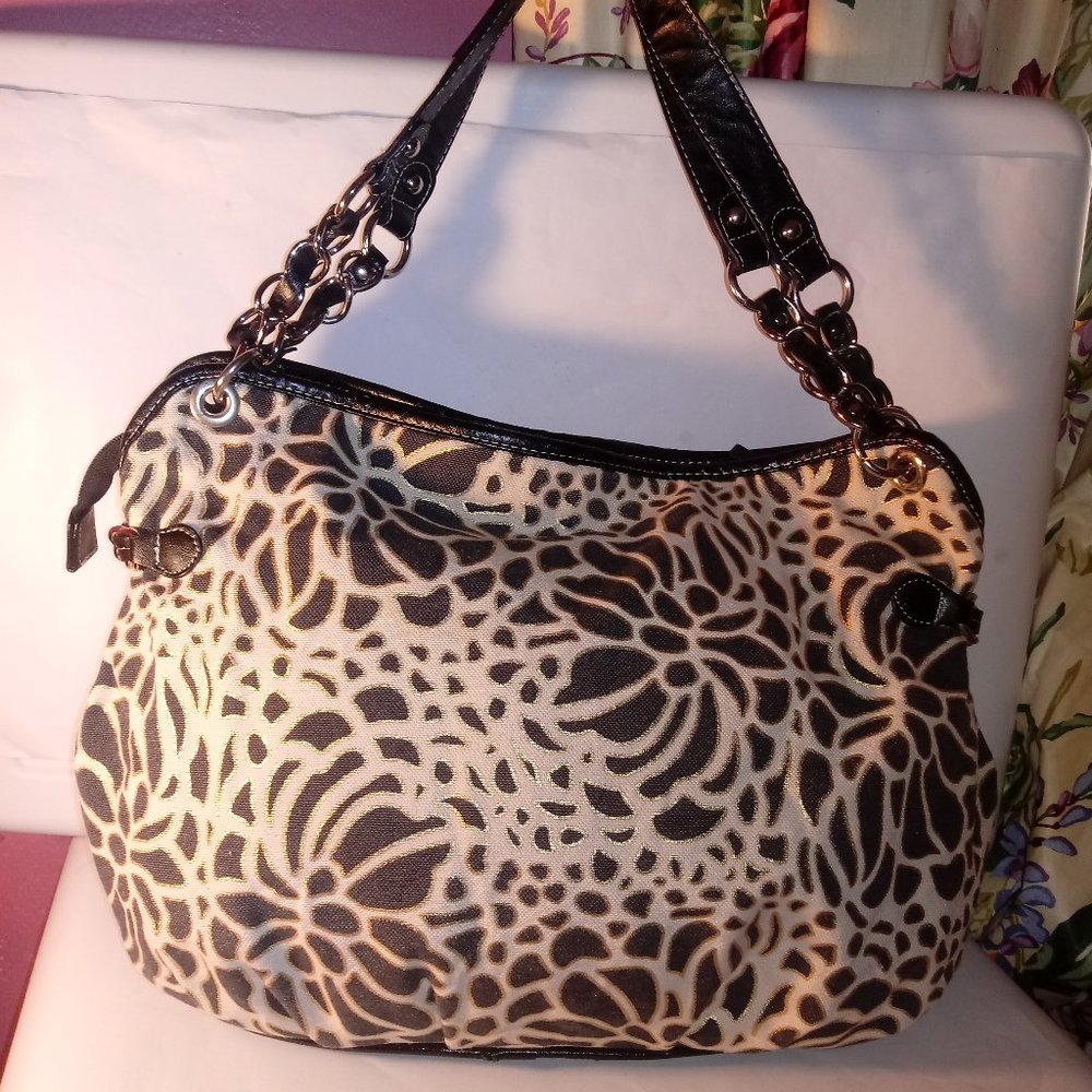 BROWN AND TAN LEOPARD PRINT WITH GOLD HARDWARE HOBO HANDBAG